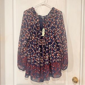 nwt Sophie Max Navy Floral Tie-Neck Long Sleeve Blouse